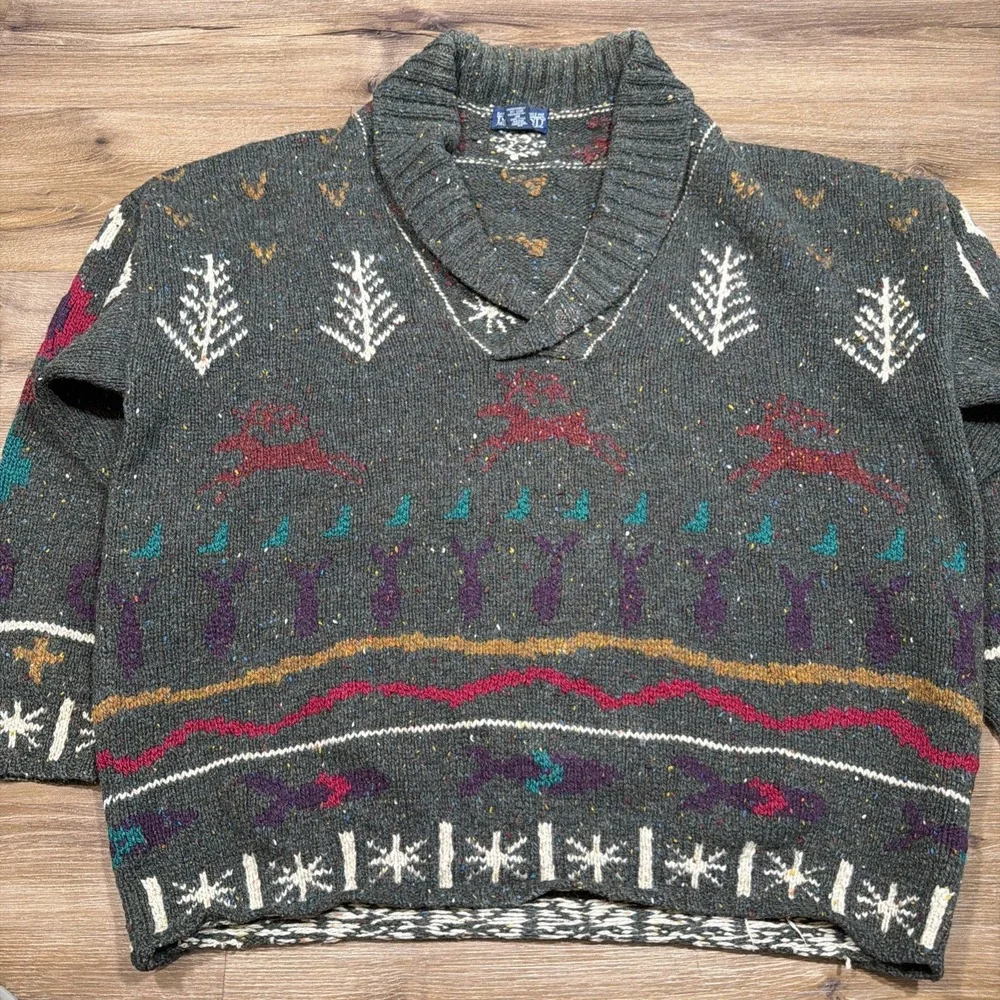 Lands' End Sweater Men's LARGE Heavy Wool Green Shawl Collar Reindeer Christmas